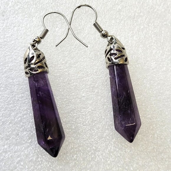 Purple Crystal Dangle Faceted Drop Earrings - Picture 4 of 7